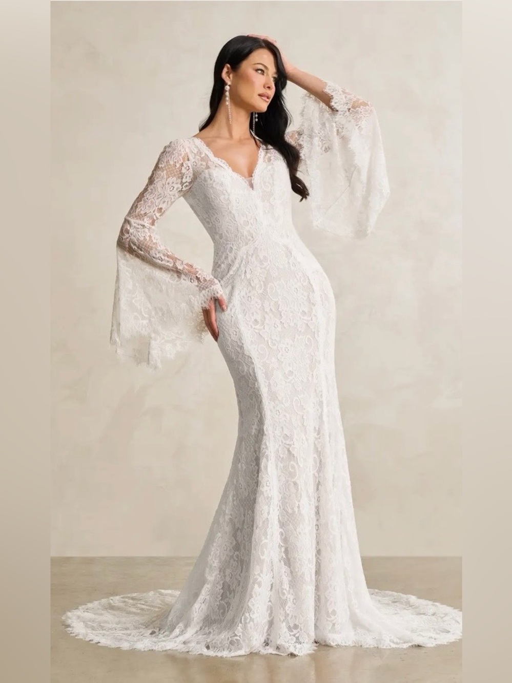Elegant White Lace V-Neck Bell-Sleeve Dress